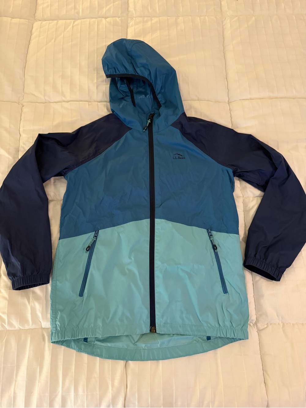 L.L. Bean Kids' Colorblock Hooded Rain Jacket - Navy & Teal & Light Blue